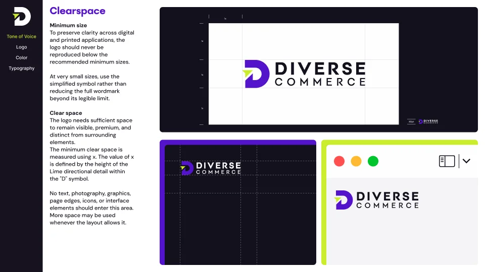 A page from the Diverse Commerce brand guidelines setting out the logo’s clear space.