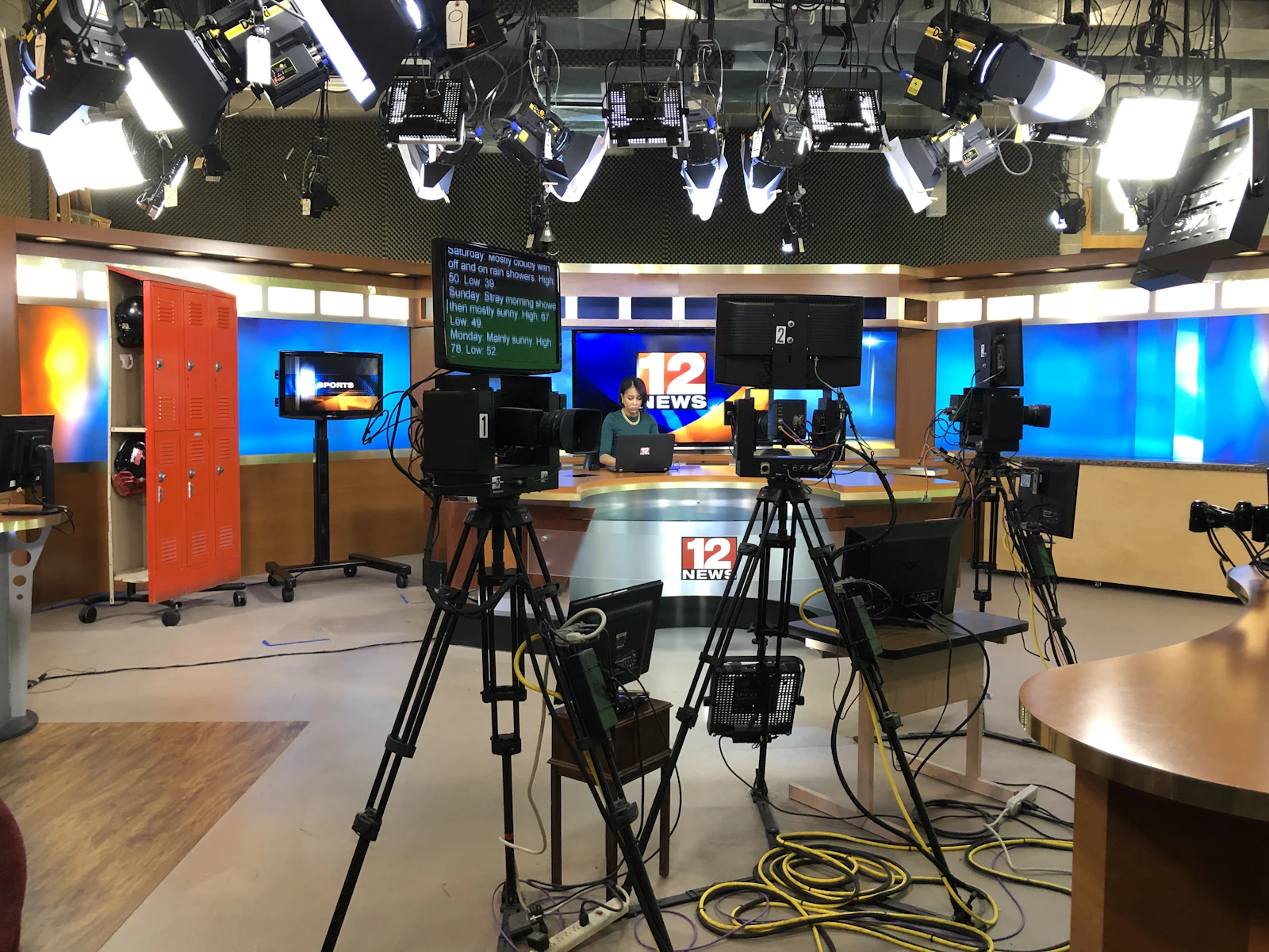Cameras set up in a television studio.