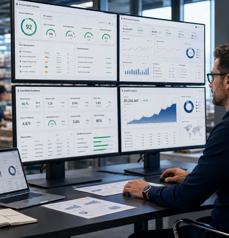 An operations lead reviewing live dashboards across four monitors.