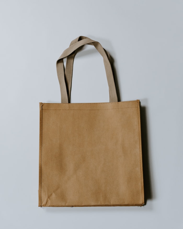 A kraft paper tote bag with fabric handles on a pale background.