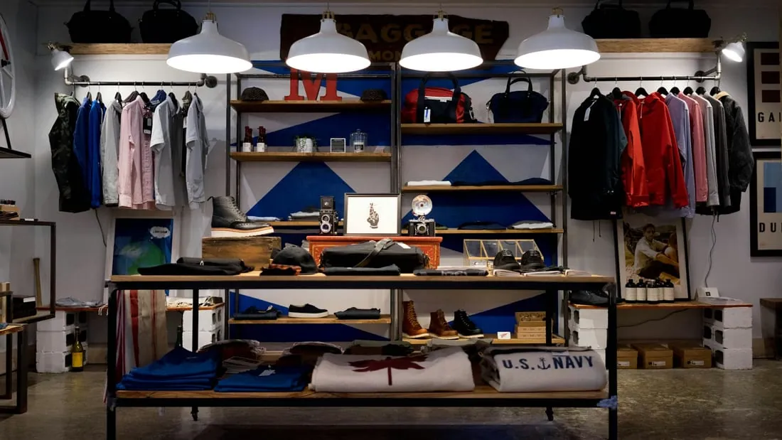 A clothing store: rails, shelving and a folded-stock display table.